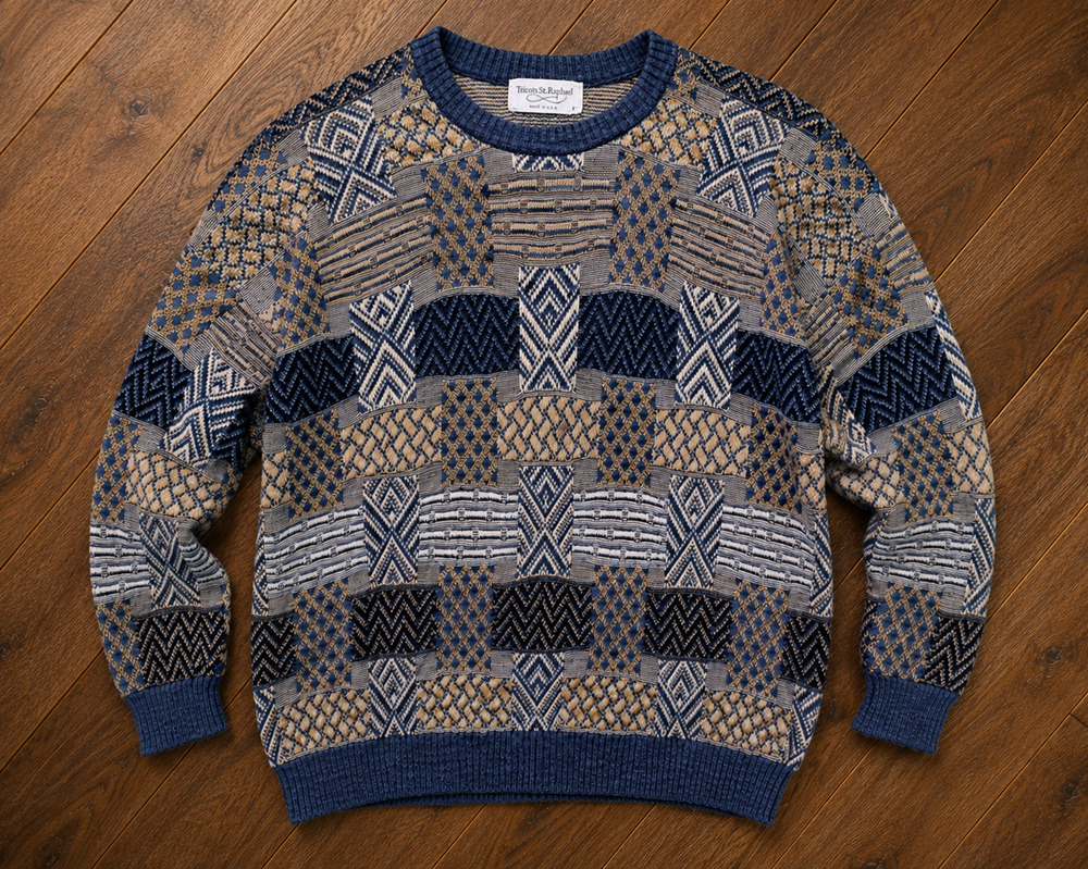 Tricots St Raphael Crew Coogi Style Geometric Knit Sweater Sz. L Made USA 90's